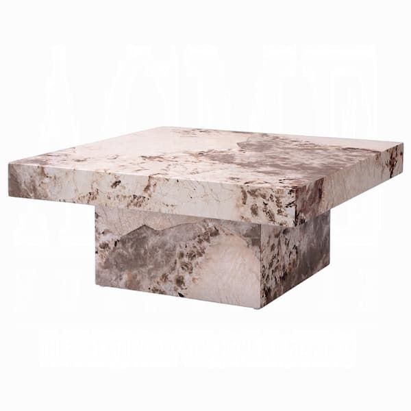 Itah 36 in. White and Brown Square Faux Marble Coffee Table with Pedestal