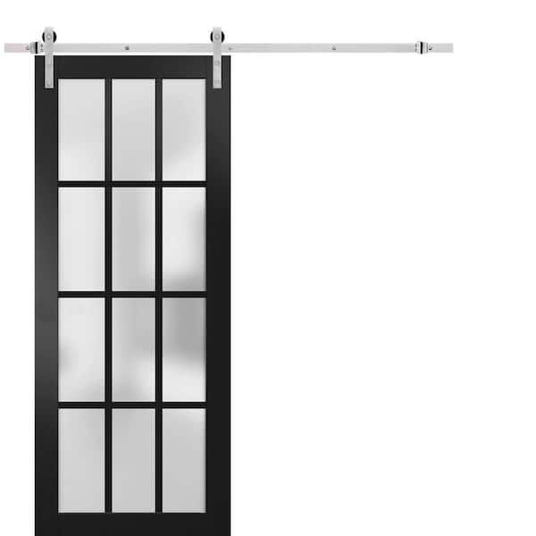 42 in. x 80 in. 1 Panel Frosted Glass Black Matte Solid Wood Sliding Barn Door with Hardware Kit