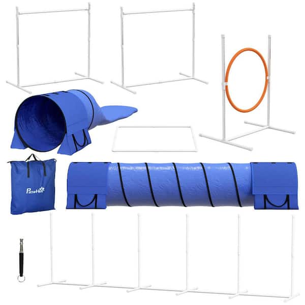 7 Piece Dog Agility Training Equipment with Tunnels, Weave Poles, Hurdle Jumping Ring, Pause Box, Whistle, Blue