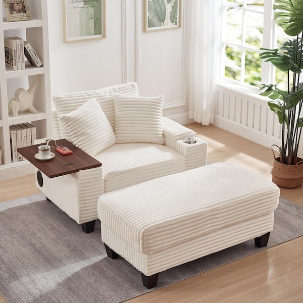 Quendral White Fluffy Corduroy Storage Sofa Accent Armchair with Ottoman Cup Holder Bluetooth Speaker USB Ports