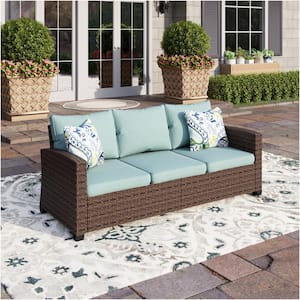 Dark Brown Rattan Wicker Outdoor Patio 3 Seat Sofa Couch with Blue Cushions