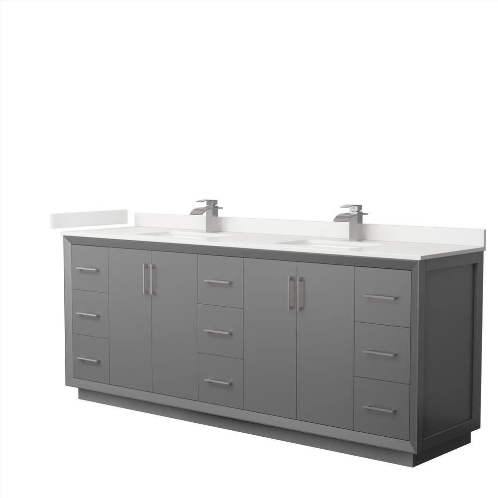 Wyndham Collection Strada 84 in. W x 22 in. D x 35 in. H Double Bath Vanity in Dark Gray with White Quartz Top, Dark Gray with Brushed Nickel Trim -  840193369498