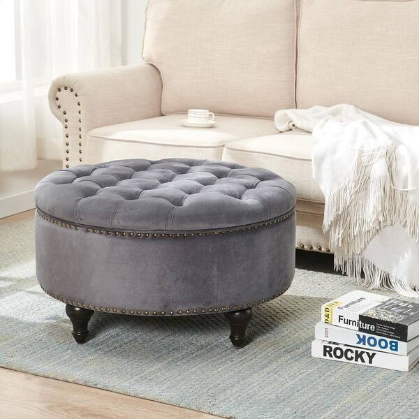 Nathaniel Home SIDA 30 in. Dark Gray Velvet Round Storage Ottoman, Modern  and Luxury Style, Nail Head Tufted, Footrest Stool Bench 19023-DGY - The  Home Depot