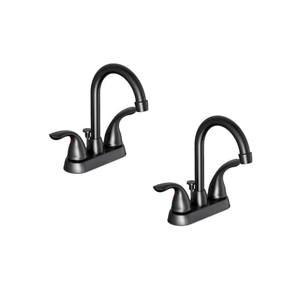 PRIVATE BRAND UNBRANDED Alima 4 in. Centerset 2-Handle High-Arc Bathroom Faucet with Drain Kit Included and 2 Extra Hose in Matte Black (2-Pack)