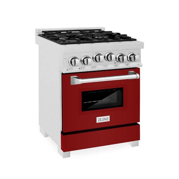 ZLINE Kitchen and Bath 24 in. 4 Burner Single Oven Gas Range with Red Gloss Door in Fingerprint Resistant Stainless Steel