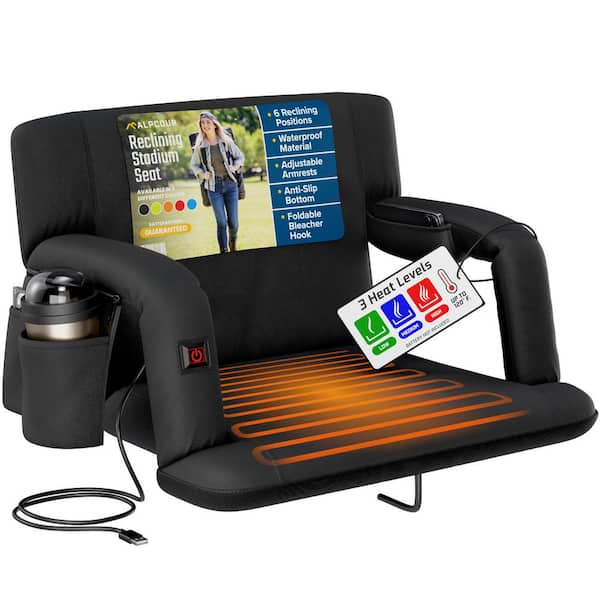 ALPCOUR Heated Reclining Stadium Seat 24 in. Extra-Wide Bleacher Chair w/ Back Support, Cushion, Armrests and Side PocketsBlack