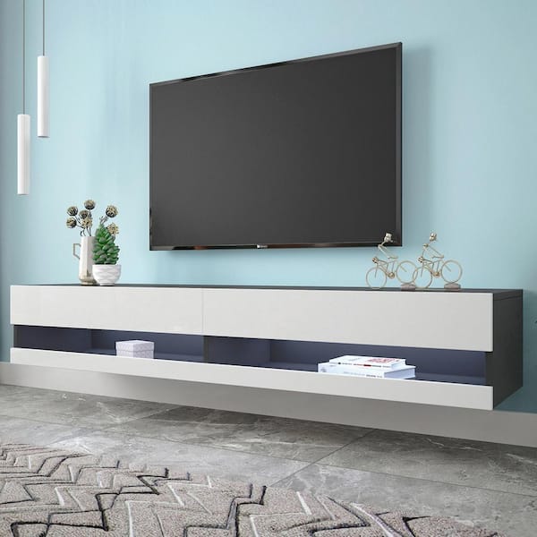 GODEER 87 in. Black+White TV Stand Fits TV's up to 80 in. Wall Mounted Floating TV Stand with 20 Color LEDs