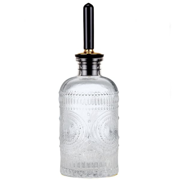 7 oz. Glass Clear Olive Oil Dispenser Bottle Metal Spout Embossed Geometric Pattern Elegant Kitchen Cooking Bottle