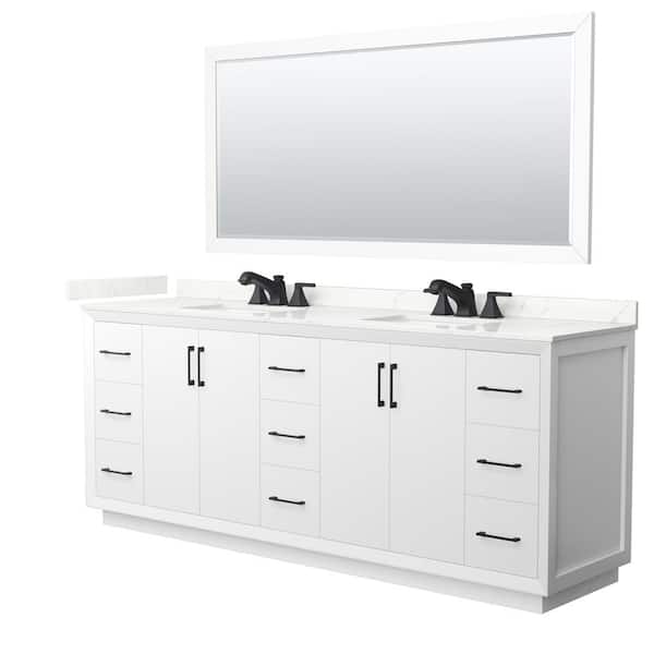 Wyndham Collection Strada 84 in. W x 22 in. D x 35 in. H Double Bath Vanity in White with Giotto Quartz Top and 70 in. Mirror