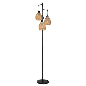 65.05 in. 3-Light Brown Boho Rattan Tree Standing Floor Lamps with Shades