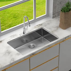 30 in. Undermount Single Bowl 16 Gauge Brushed Nickel Stainless Steel Kitchen Sink with Bottom Grids