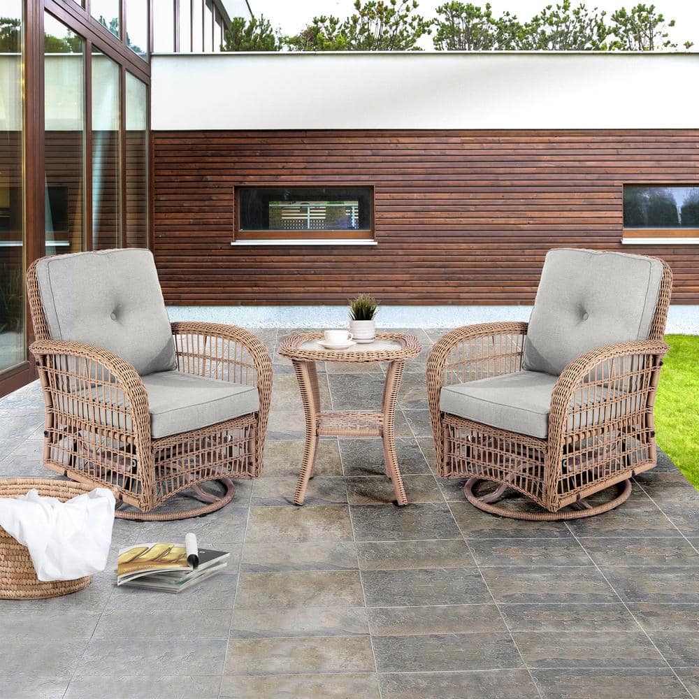 ANGELES HOME 3-Piece Wicker Outdoor Bistro Set with Gray Cushion, 2 Swivel Rocker Chairs and Glass Coffee Table