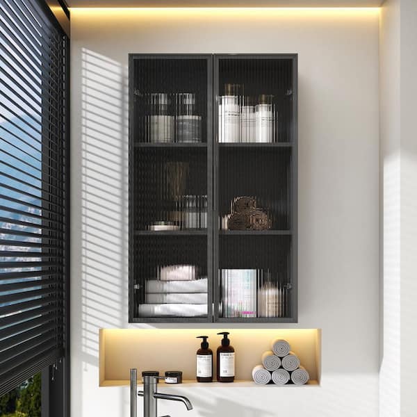 Melangell Black Wood 37.4 in. H Wall-Mounted Storage Cabinet with 2 Glass Doors and 2 Shelves