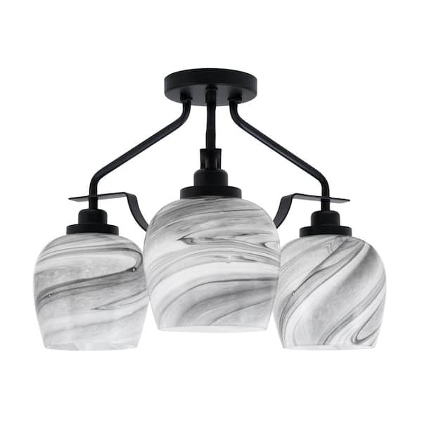 Unbranded Zara 16.5 in. 3-Light Matte Black Semi-Flush with 6 in. Onyx Swirl Glass Shades No Bulbs Included