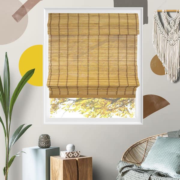 27 in. W x 64 in. L Natural Woven Cordless Light Filtering Bamboo Roman Shades for Window, Cinnamon