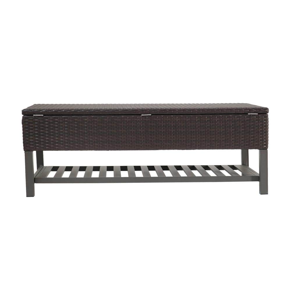 Wicker Outdoor Storage Stool, Bench with Metal Rack, Stylish Outdoor Furnit