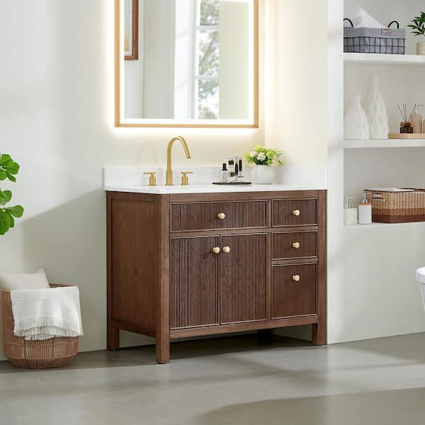 Cerrito 42 in. Single Freestanding Brown Brushed Oak Bath Vanity with Grain White Engineered Stone Top Assembled