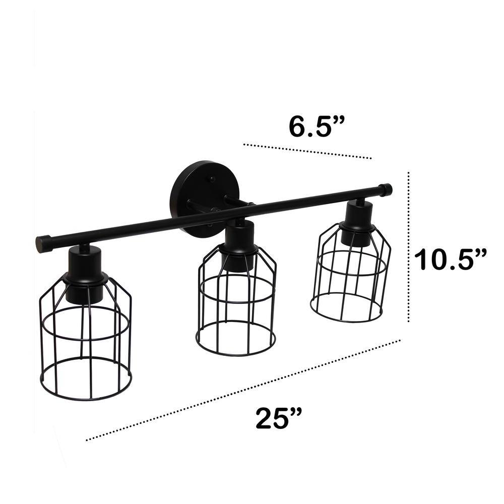 Black Industrial 3-Light Vanity Fixture with Wire Cage Shades