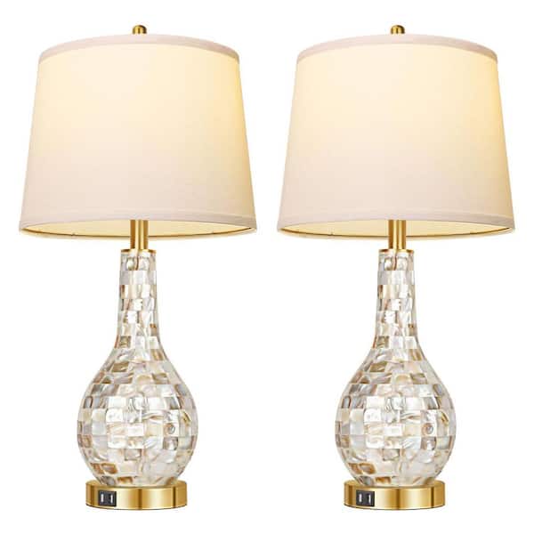 Rottogoon 25.5 in. Coastal Gold Table Lamp with 2 USB Ports, 3-Way Dimmable Touch Control Shell Bedside Lamp with White Shade