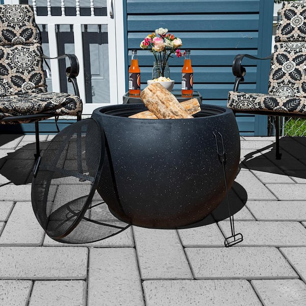 Outdoor Fire Pit – 24 in. Round Faux Concrete Firepit - Wood Burning Fire Pit with Poker, Screen, Cover