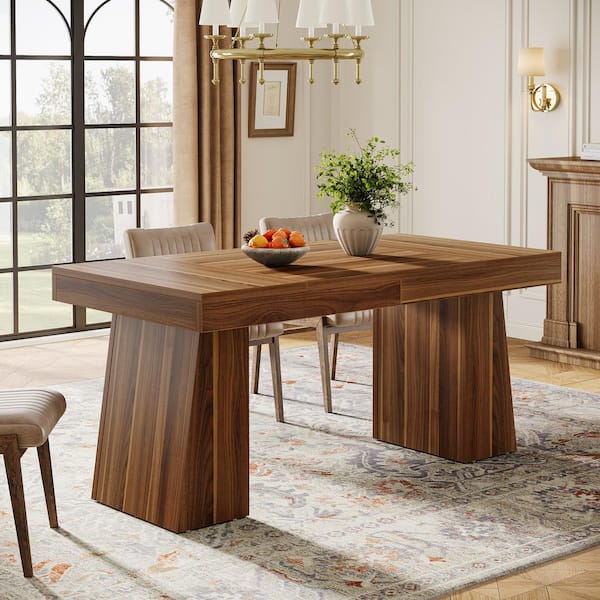 BYBLIGHT Sealey Farmhouse Brown Wood 55.1 in. Pedestal Kitchen Dining Table Seats-4