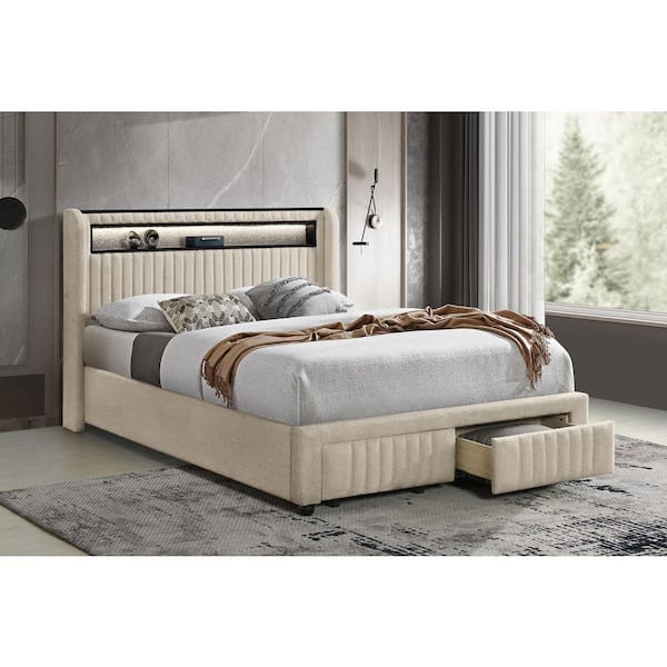 Coaster Madison White Cream Wood Frame Full Upholstered Platform Bed with Touch LED Light and Storage