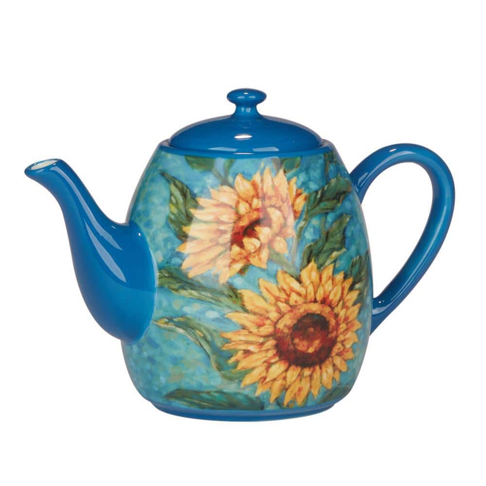 Golden Sunflowers Blue Earthenware Teapot, 36 oz