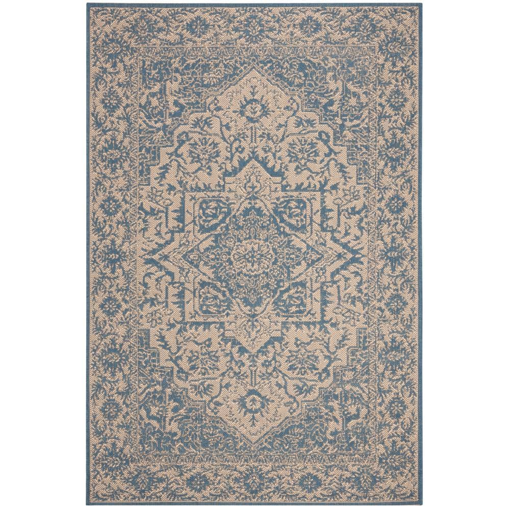 Cream and Blue Round Stain-Resistant Synthetic Rug