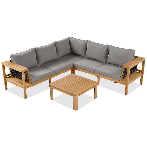Natural Wood Outdoor Sofa Sectional Set, Patio Conversation Set with Gray Cushions