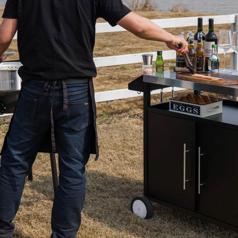 Black and Silver Stainless Steel Outdoor Grill Cart with Storage