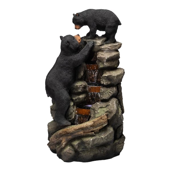 36 in. Tall Outdoor Rainforest Water Fountain with 2 Climbing Bears and LED Lights, Brown