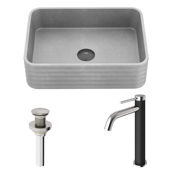 VIGO Cadman Concreto Stone Rectangular Fluted Bathroom Vessel Sink with Lexington Faucet and Pop-Up Drain in Brushed Nickel