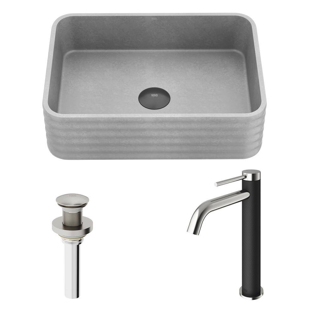 Gray Concrete Rectangular Vessel Sink with Brushed Nickel Faucet