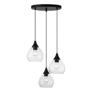Catania 3-Light Black Cluster Pendant with Clear Glass Shades and Brushed Nickel Accents