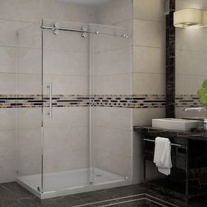Langham 48 in. x 35 in. x 77-1/2 in. Completely Frameless Shower Enclosure in Stainless Steel with Right Base