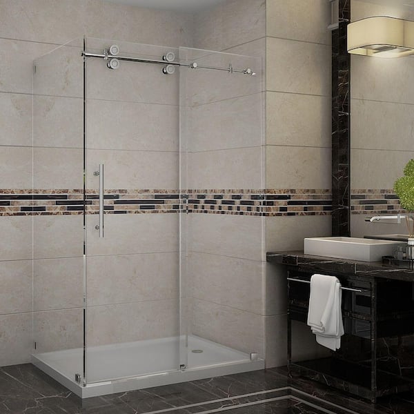 Aston Langham 48 in. x 35 in. x 77-1/2 in. Completely Frameless Shower Enclosure in Stainless Steel with Right Base