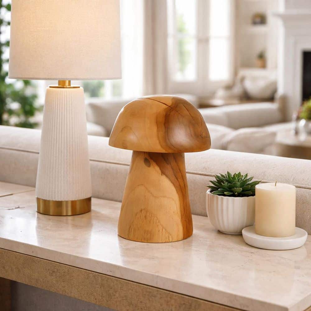 Liv & Skye Brown 7.5 in. x 10.25 in. Wood Carved Mushroom Statue