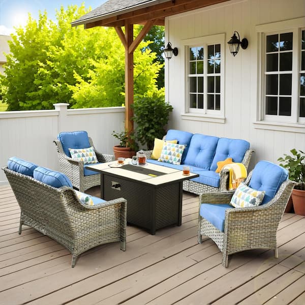 HOOOWOOO Verona 5-Piece Wicker Modern Outdoor Patio Fire Pit Furniture Conversation Sofa Loveseat Set with Sky Blue Cushions