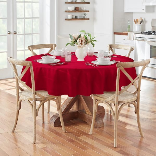 Elrene 90 in. Round Poinsettia Red Elegance Plaid Damask Fabric Tablecloth