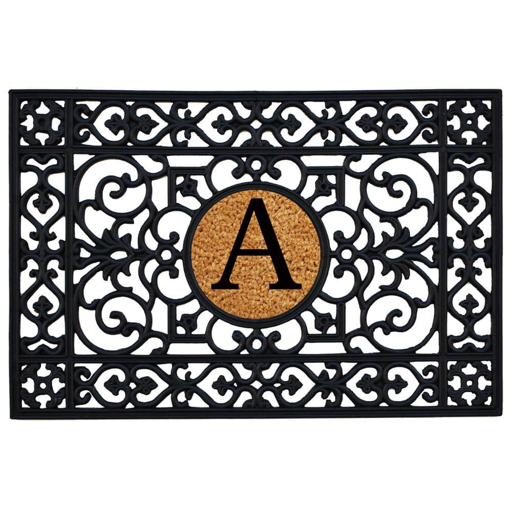 Black Rubber and Coir Monogrammed Rectangular Entrance Rug