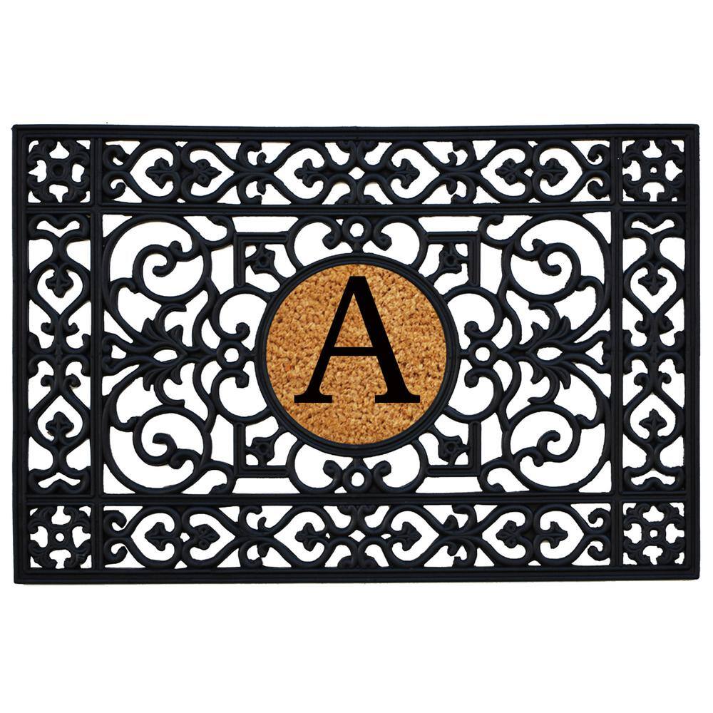Black Rubber and Coir Monogrammed Rectangular Entrance Rug
