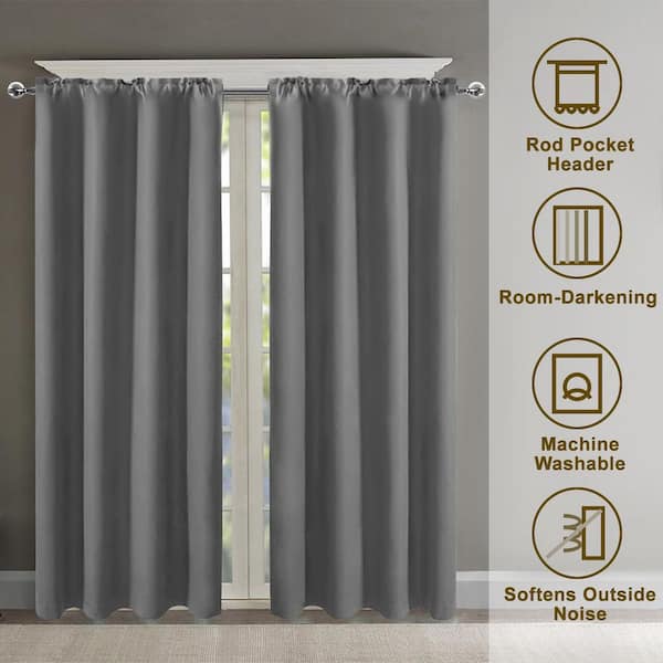 Grey Polyester 42 in. W x 45 in. L Insulated Thermal Rod Pocket Indoor Blackout Curtain, set of 2
