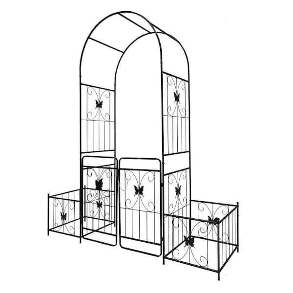 Unbranded 79 .5 in.W x 86.6 in.H Metal Plant Trellis, Garden Arch with Gate for Climbing Plants Support Rose Arch Outdoor in Black