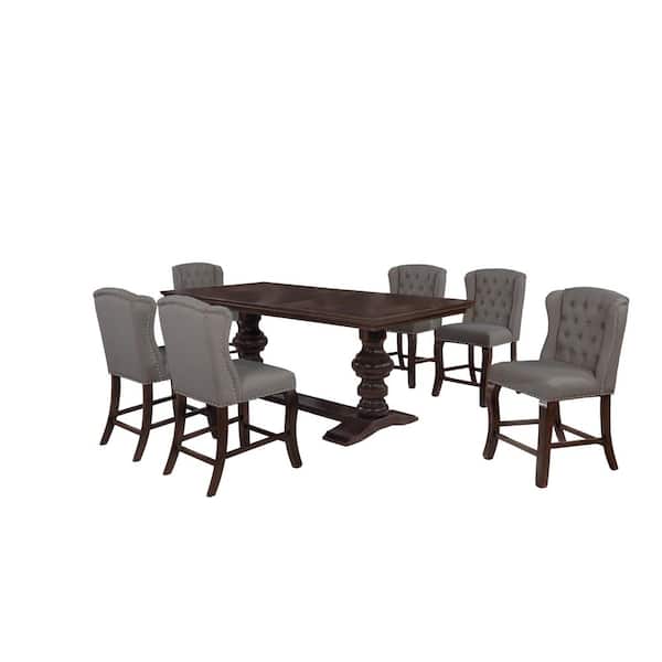 Best Quality Furniture Luisa 7-Piece Rectangular Gray Wood Cappuccino Dining Table Set Linen Fabric Chairs