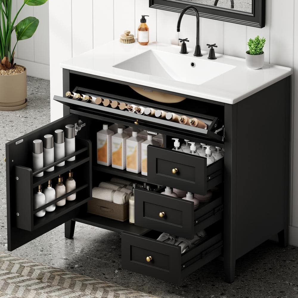 36 in. W x 18.3 in. D x 33.9 in. H Single Sink Black Freestanding Bath Vanity with White Ceramic Top Unassembled price history on PriceWatchPro