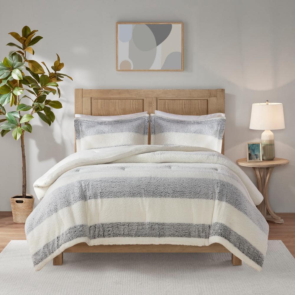Ivory and Gray Twin Reversible Sherpa Comforter Set