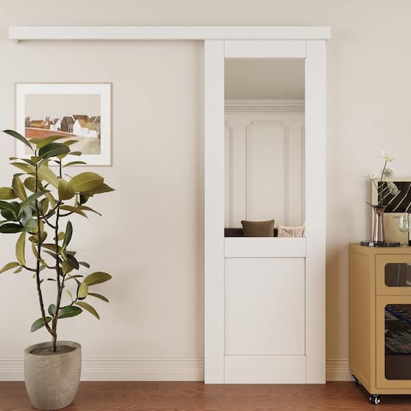 28 in. x 80 in. Hidden Track Style 1/2 Lite Mirrored Glass White Primed MDF Sliding Barn Door with Hardware Kit