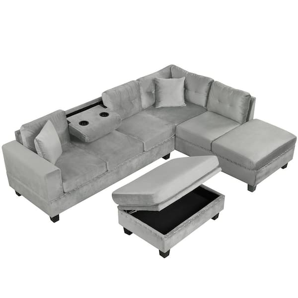 105 in. L Shaped Modern Velvet Sectional Sofa in Gray with 2 Pillows, Cup Holders, Storage Ottoman and Reversible Chaise