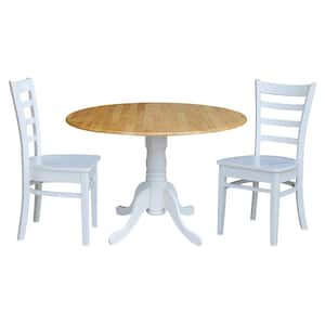 3-Piece 42 in. White and Natural Dual Drop Leaf Table Set with 2-Side Chairs