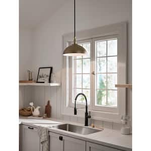Fira 14 in. 1-Light Natural Brass and Black Vintage Shaded Kitchen Dome Pendant Hanging Light with Metal Shade